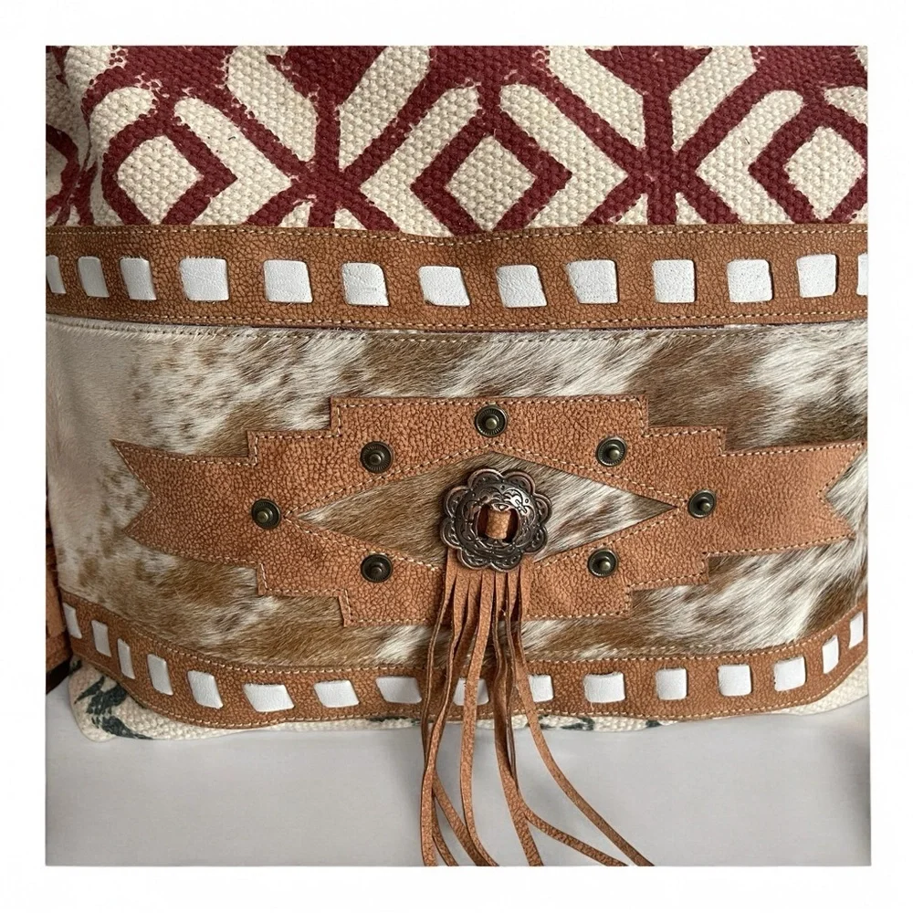 Olay Canvas Shoulder Bag Hair On Cowhide Leather Tote Aztec Fringe Neutral Color - Picture 3 of 9